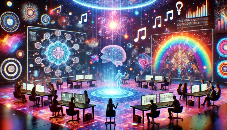 DALL·E 2025-04-30 13.21.46 - A futuristic, immersive virtual collaboration space filled with a diverse group of remote workers interacting in a vibrant, AI-generated environment.